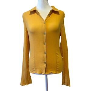 Free People Ribbed Button Up Top Size‎ S Collar Marigold Yellow Preppy Boho NWOT